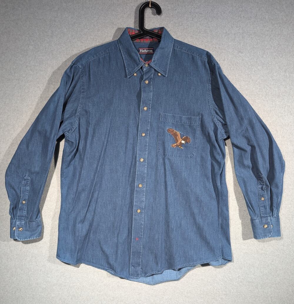 VTG Hathaway Denim Long Sleeve Shirt USA Eagle Embroidery - Mens 16 1/2 32-33*